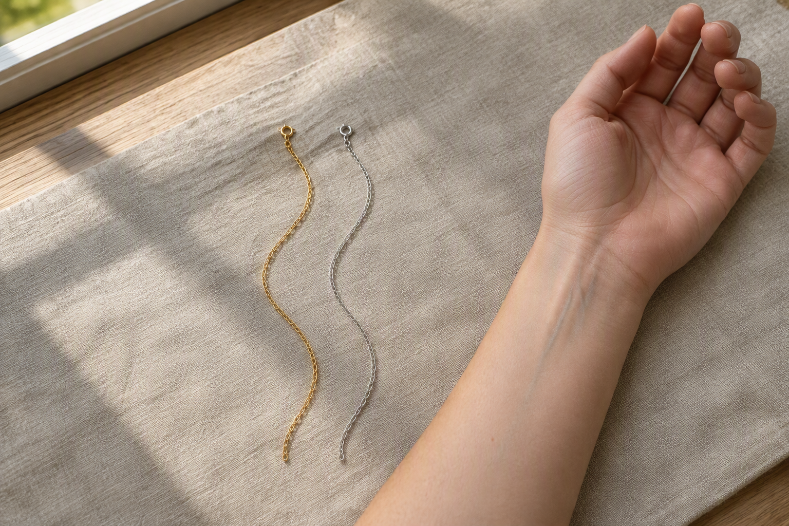 A gold chain and a silver chain laid side by side on linen next to an upturned wrist in morning window light