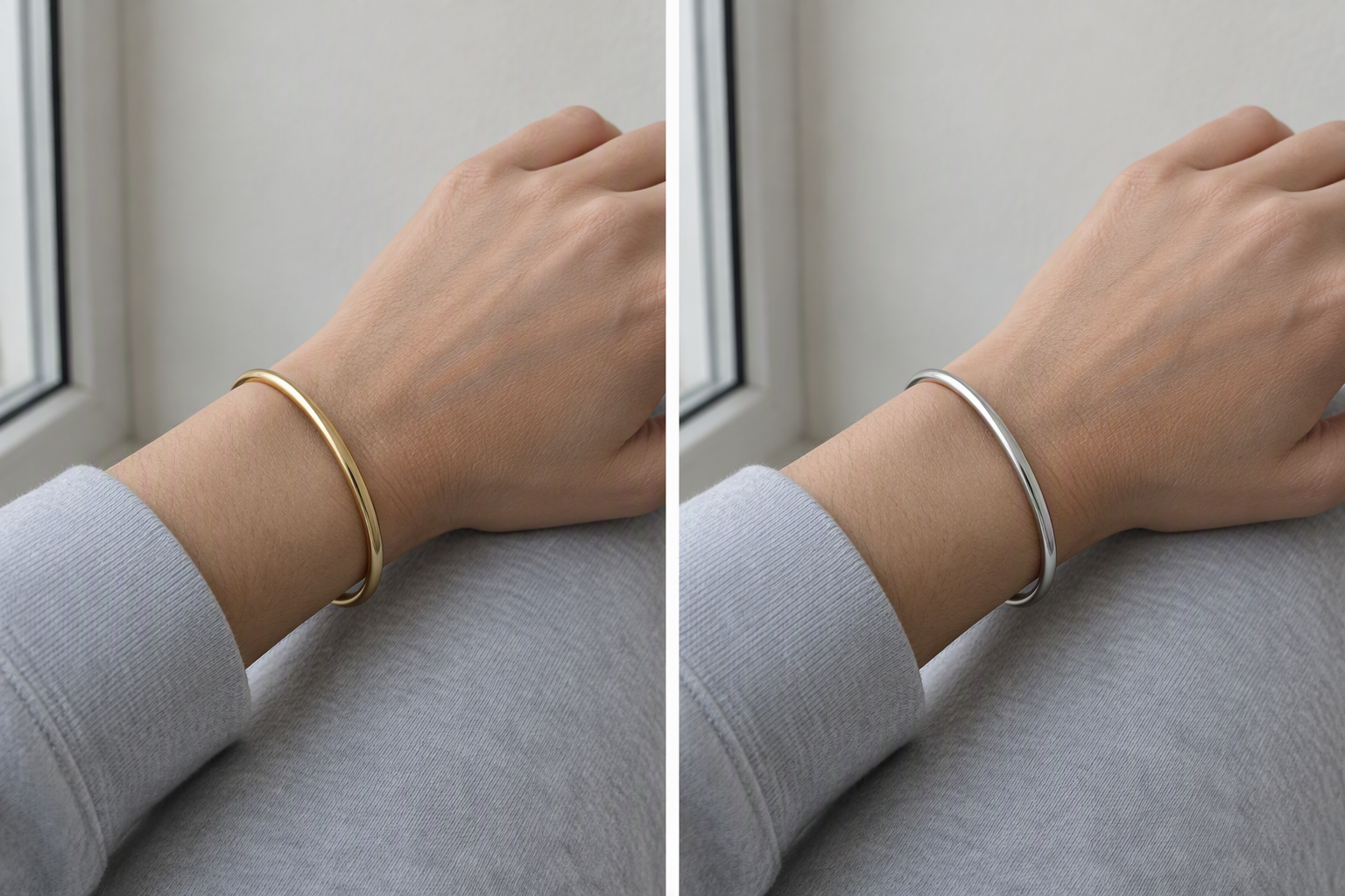 The same wrist photographed twice in matching window light, wearing a gold bangle on the left and a silver bangle on the right