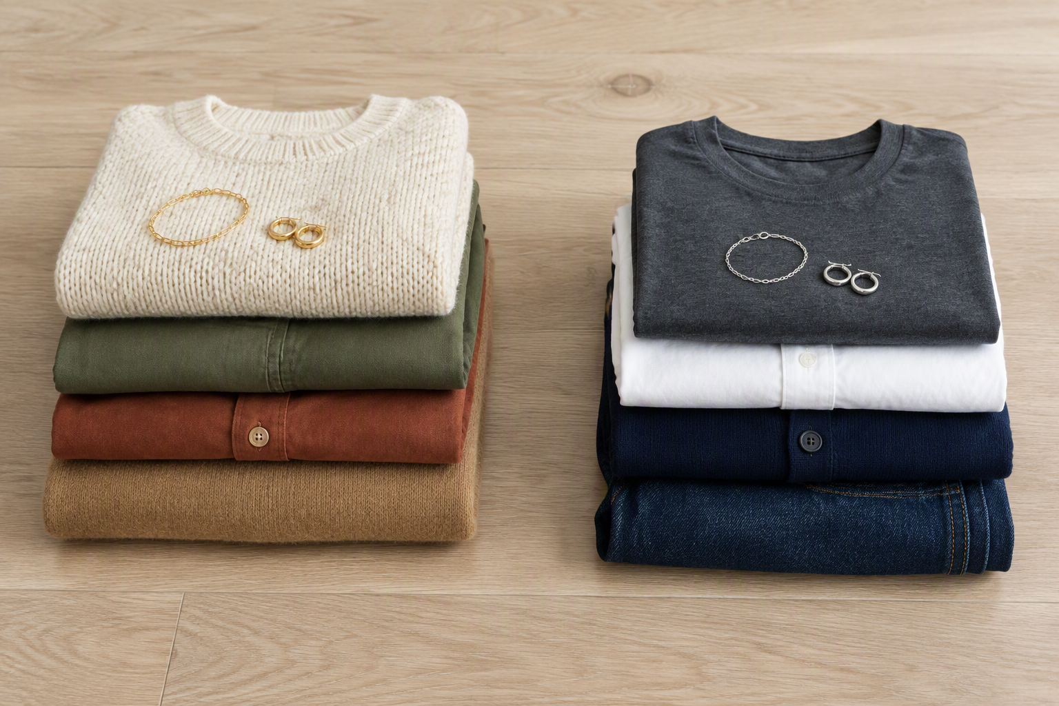 Two folded clothing stacks, warm camel, rust, olive and cream topped with gold jewelry, beside cool denim, navy, white and gray topped with silver jewelry